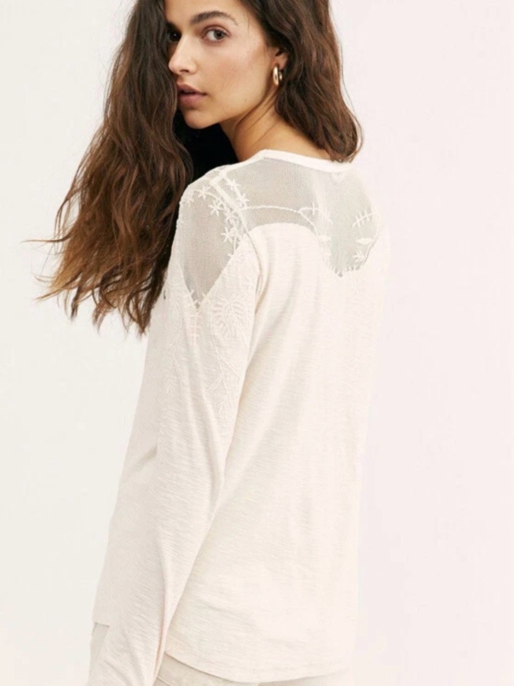 Free People Blush Lace-Inset Long Sleeve Tee - Picture 2 of 7